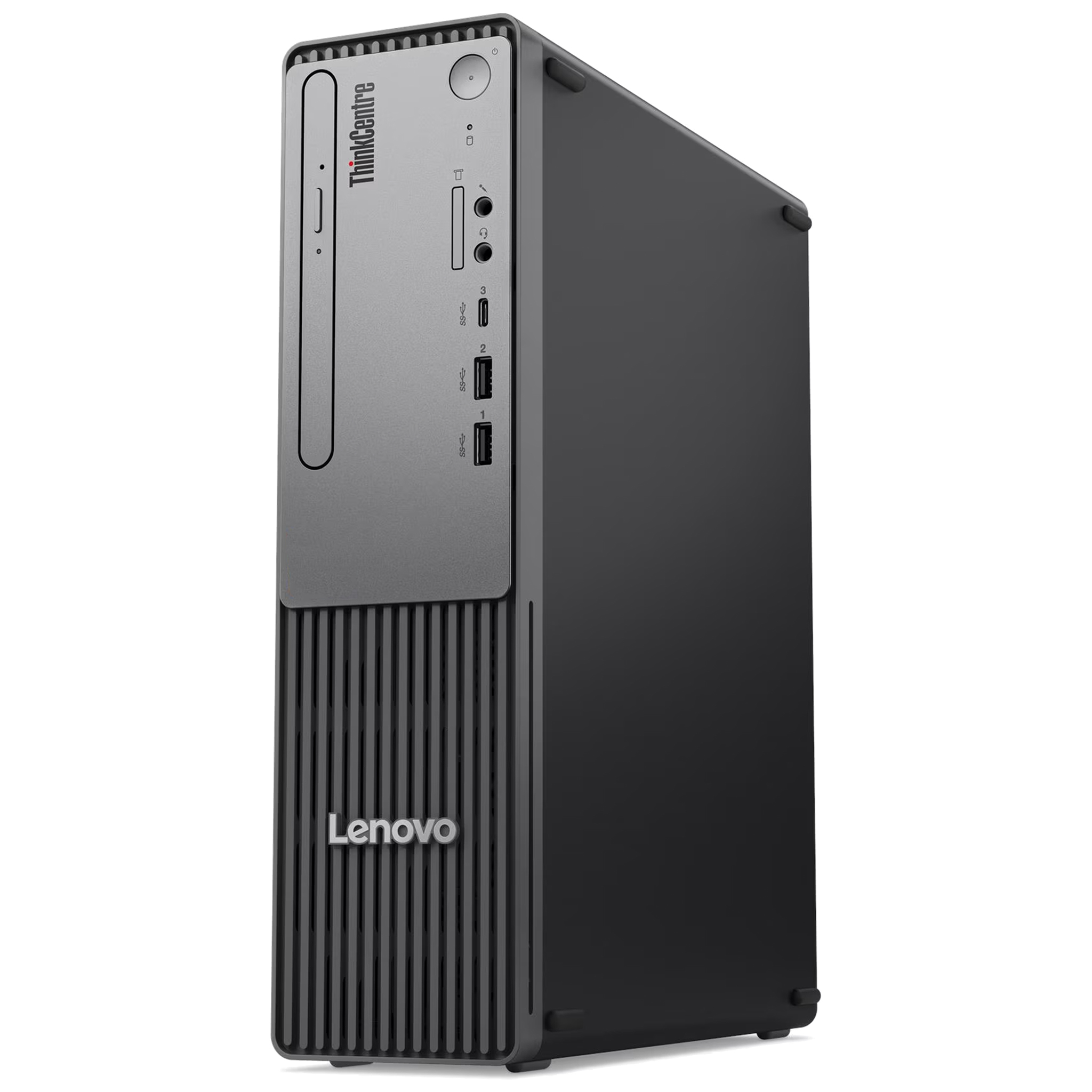 Dikey havalandırma deliklerine ve ön bağlantı noktalarına sahip siyah bir Lenovo ThinkCentre masaüstü bilgisayar.