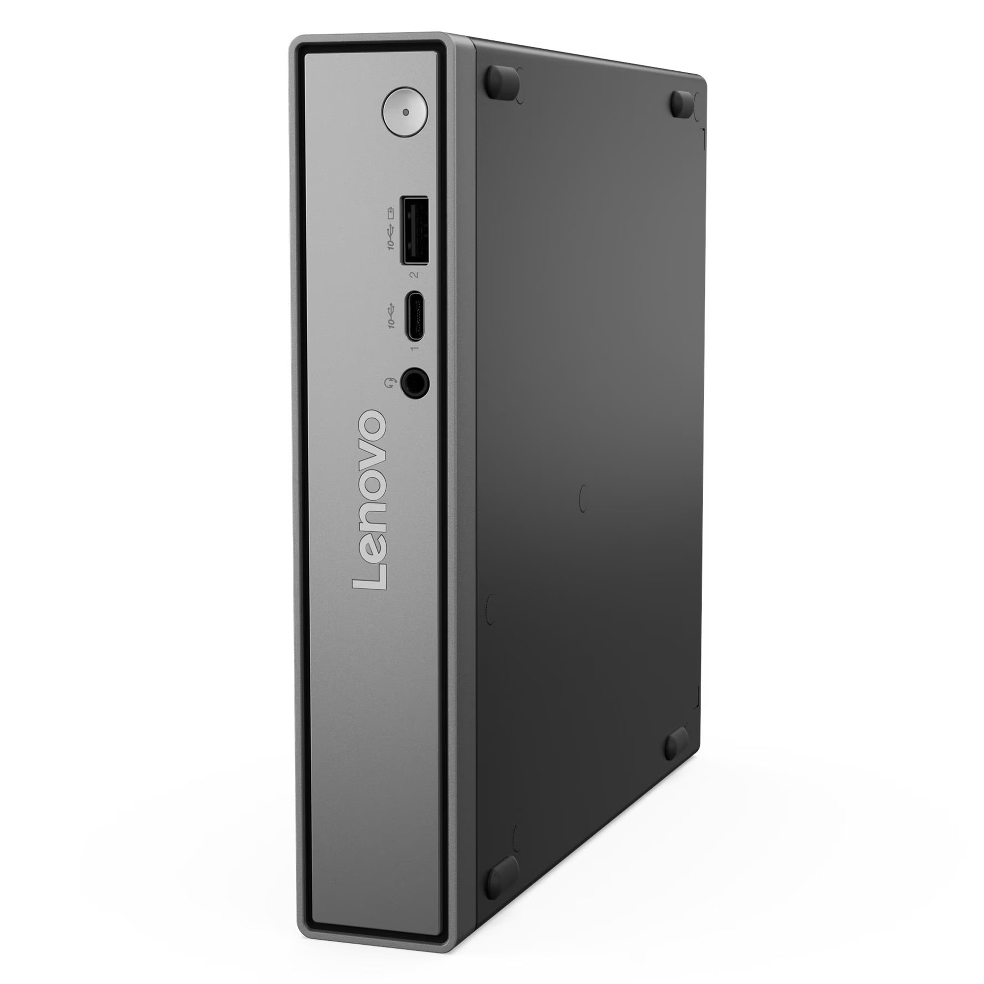 Ön USB ve ses bağlantı noktaları, güç düğmesi ve dikey standıyla kompakt gri Lenovo mini masaüstü bilgisayar.
