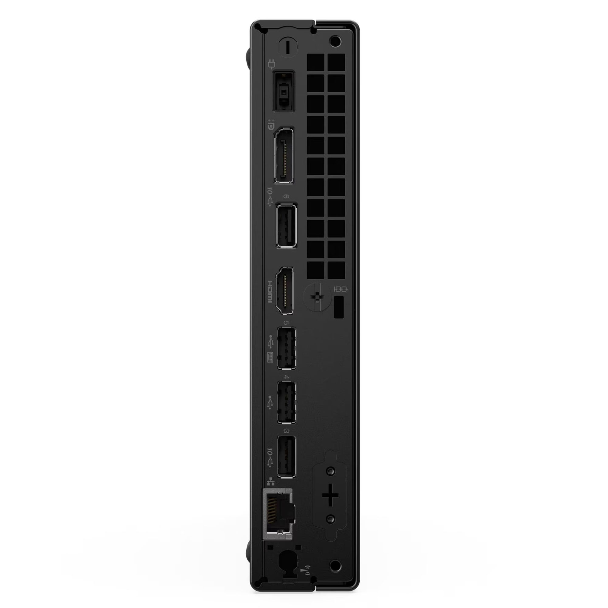 USB, HDMI, DisplayPort ve Ethernet dahil çeşitli bağlantı noktalarını gösteren siyah bir mini PC'nin arka paneli.
