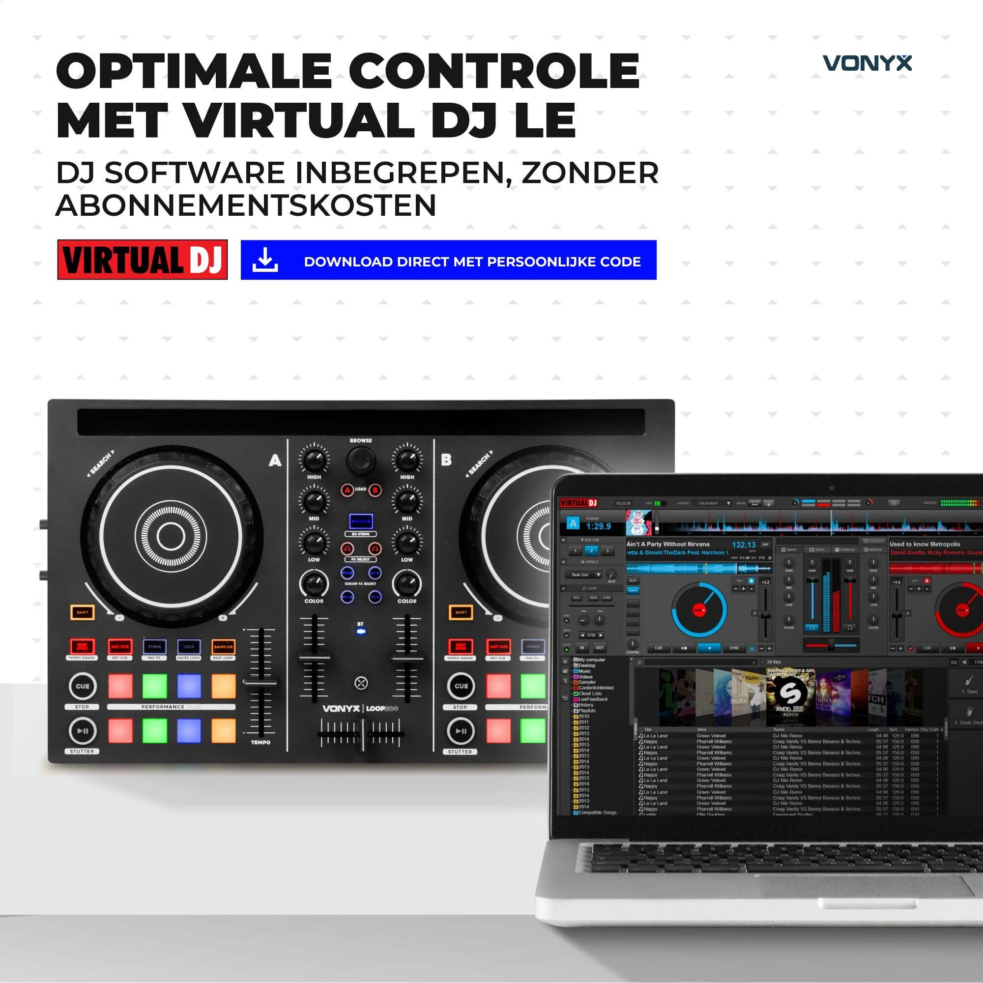 DJ-Controller Vonyx Loop200 mit Software Virtual DJ, zwei Jogwheels, Mischpult und Laptop-Anbindung.