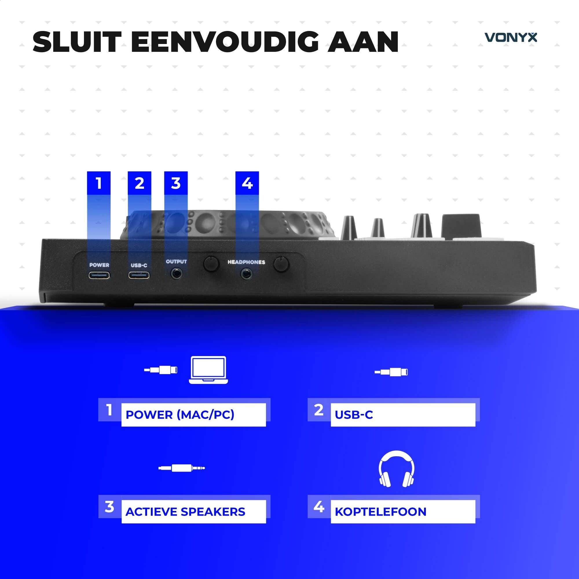 Rückseite eines DJ-Mixers mit nummerierten Anschlüssen für Strom, USB, Ausgang und Kopfhörer.