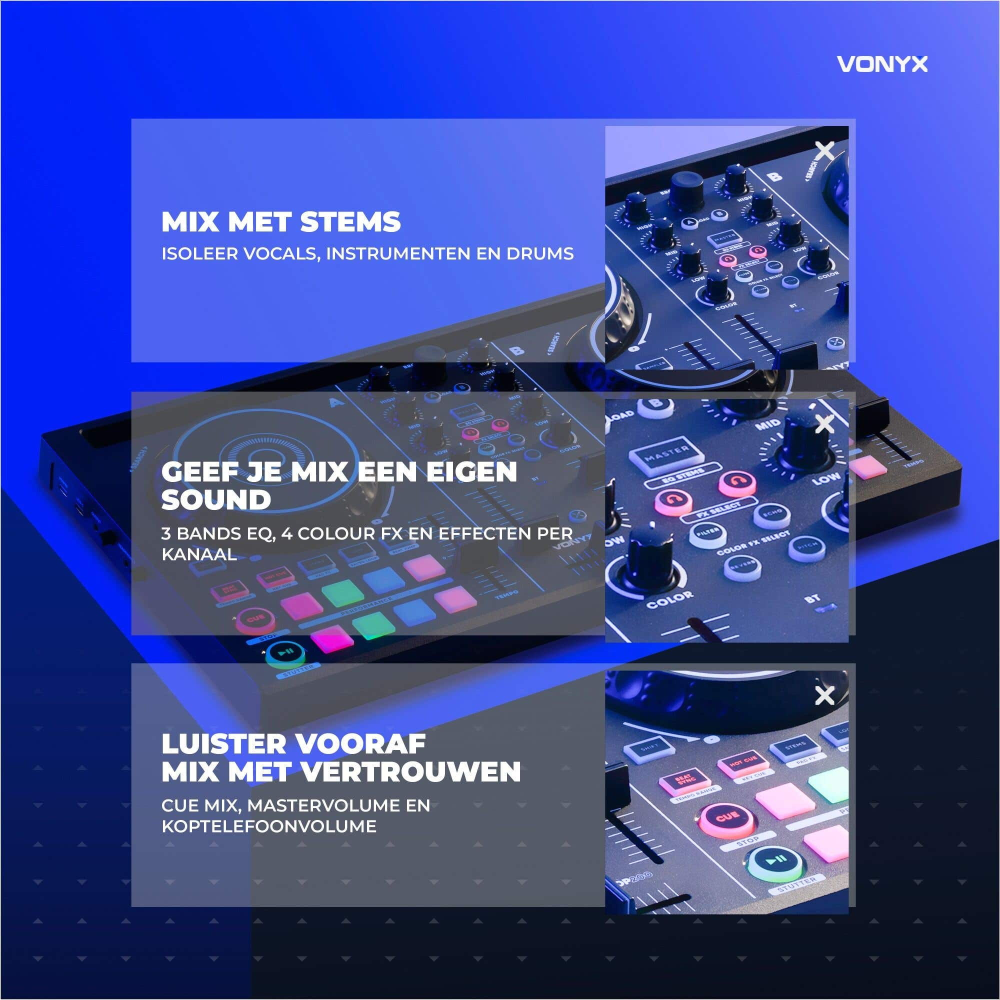 Ein Vonyx DJ-Controller mit Mixer-Reglern, Performance-Pads und EQ-Knöpfen vor blauem Hintergrund.