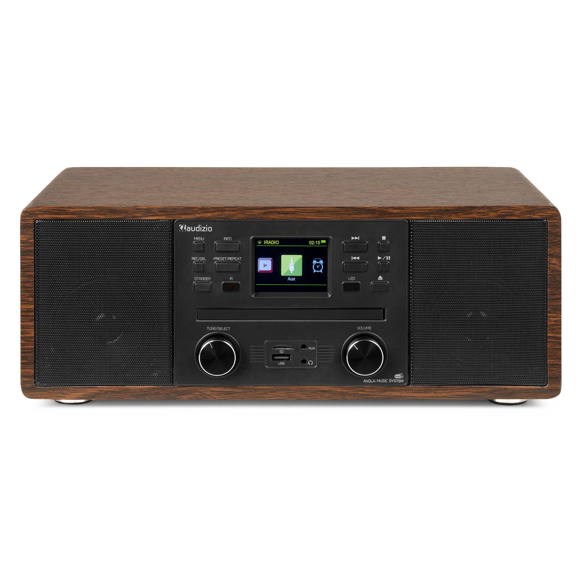 Ein Audizio Avola Musiksystem in Holzoptik mit schwarzen Frontbedienelementen und Lautsprechern.