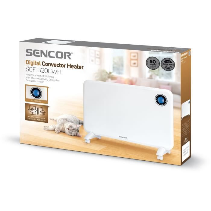 Sencor Digitaler Konvektionsheizer in weißer Verpackung mit einer liegenden Katze auf dem Boden.
