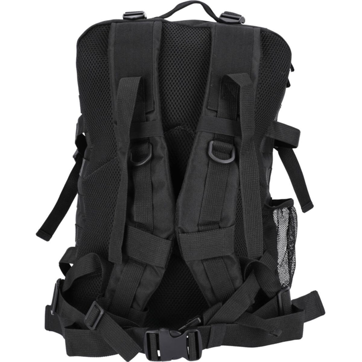Rückseite eines schwarzen Rucksacks mit gepolsterten Gurten, D-Ringen und Taillengurt.
