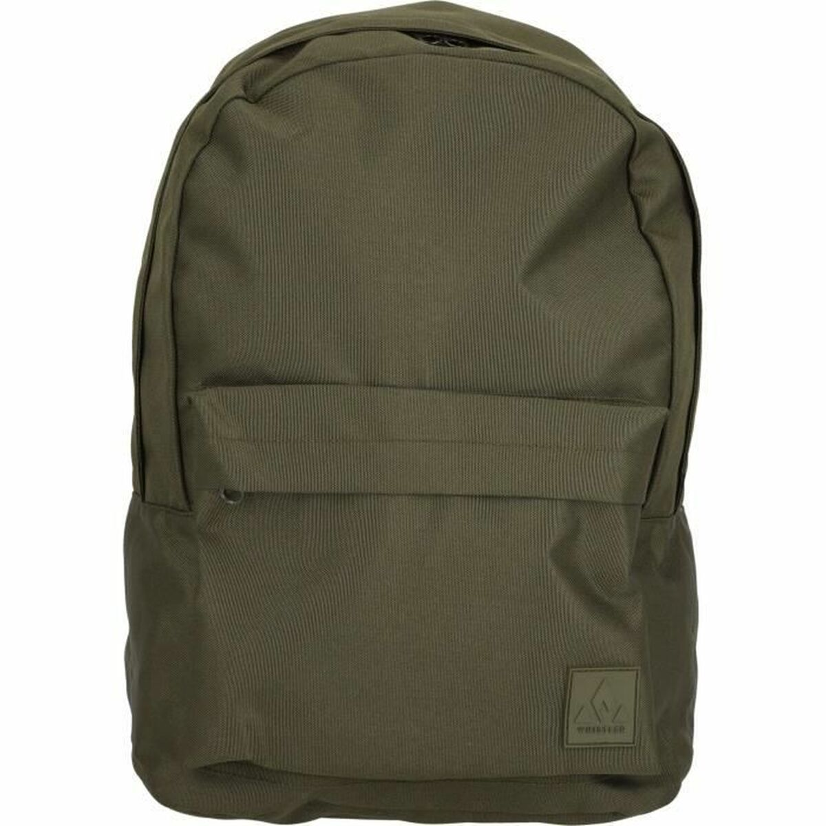Ein einfacher olivgrüner Rucksack mit einer Vordertasche und einem kleinen Markenlogo auf einer weißen Hintergrundfläche.