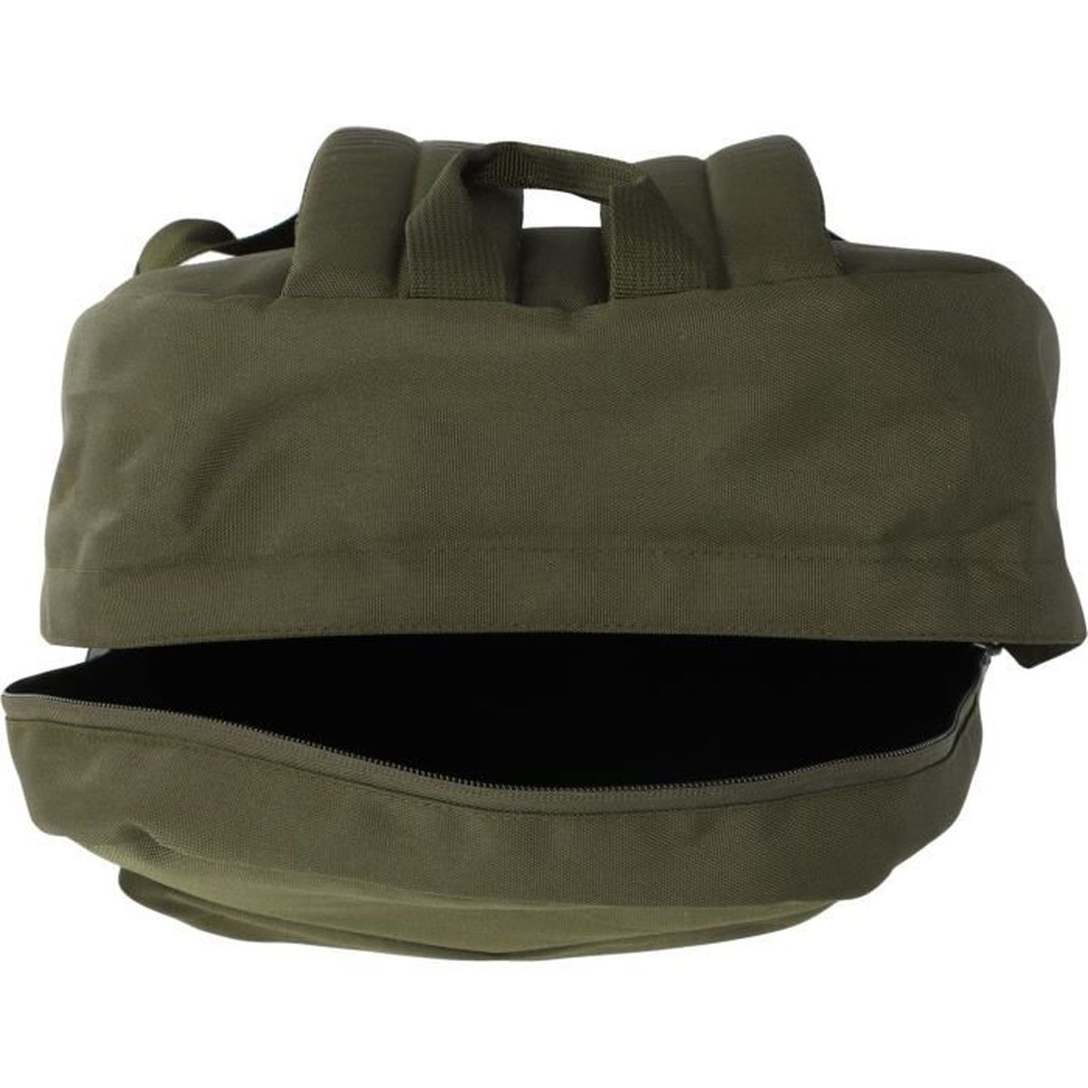 Ein olivgrüner Rucksack steht auf einer weißen Oberfläche und zeigt die Vorderseite mit geöffnetem Reißverschluss.