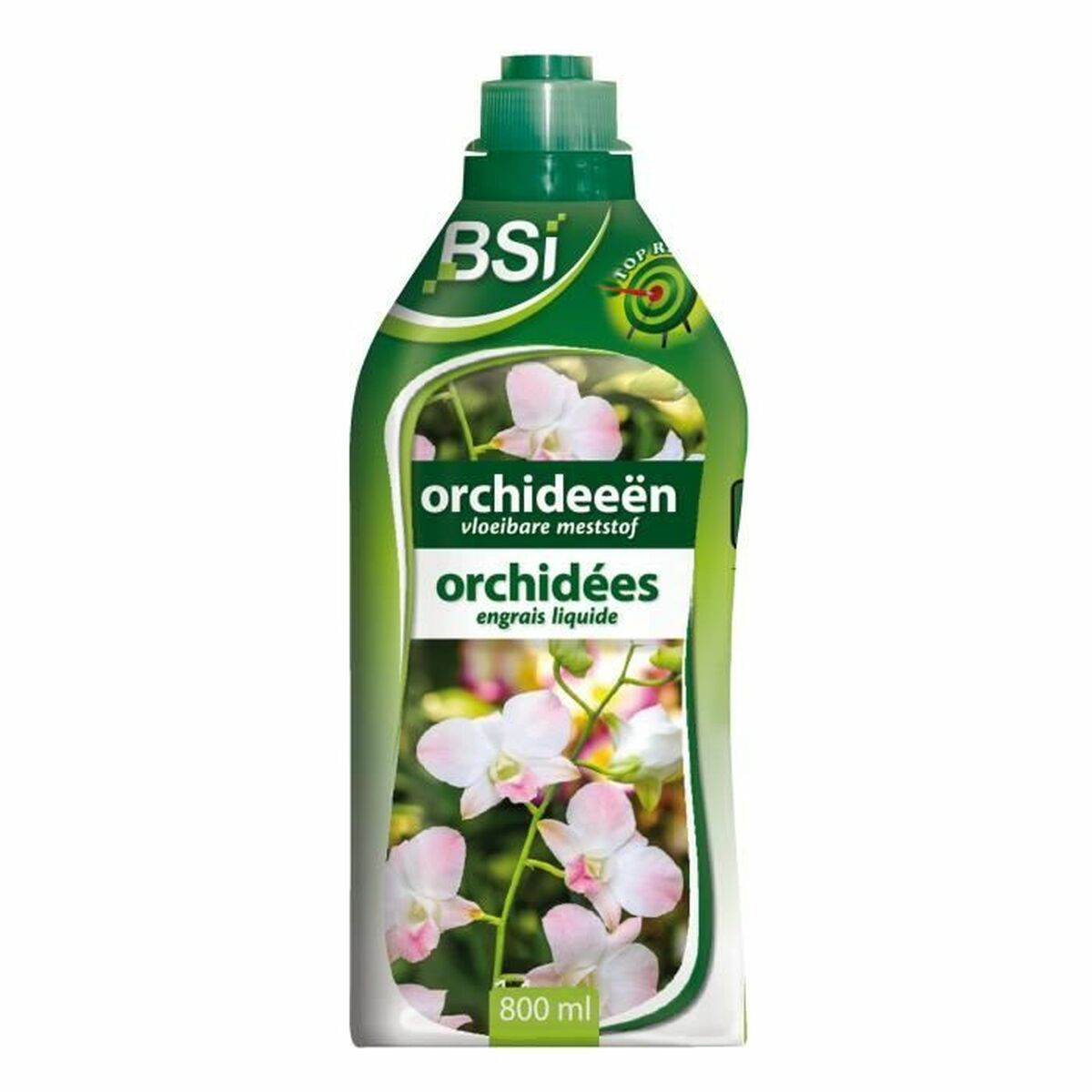 Grüne Flasche BSi Orchideendünger, 800 ml, mit pinken Orchideenblüten auf dem Etikett.