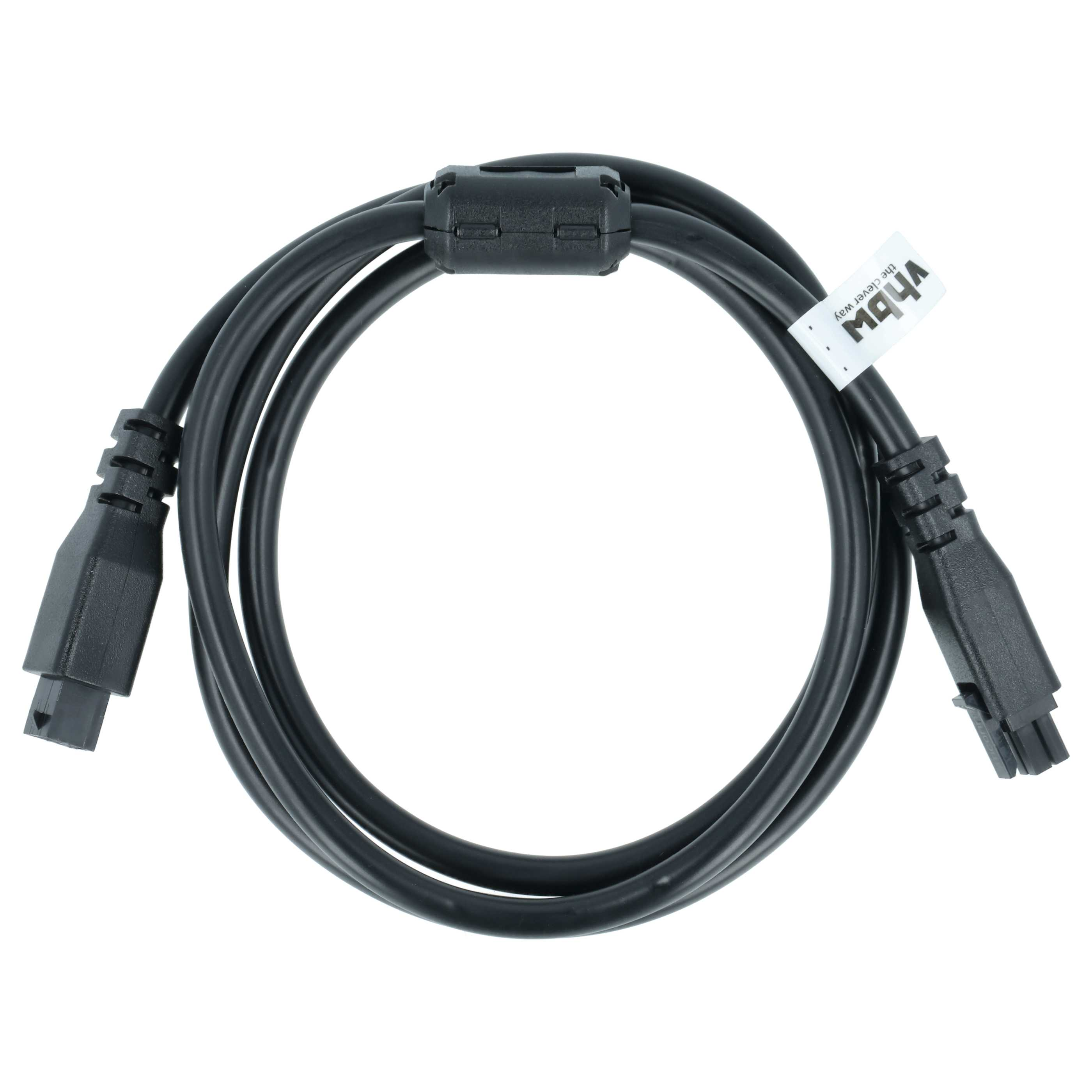 Ein zusammengerolltes schwarzes Kabel mit Steckern an beiden Enden und einem Etikett auf weißem Grund.