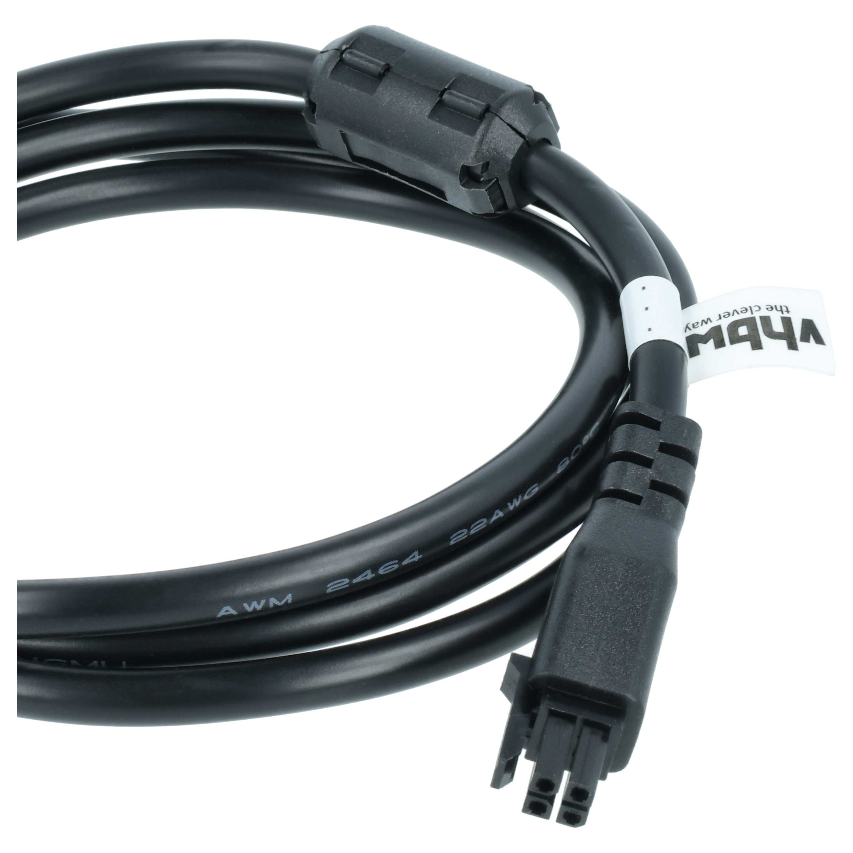 Ein schwarzes Kabel mit Ferritkern und einem vhbw-Etikett auf einem weißen Hintergrund.