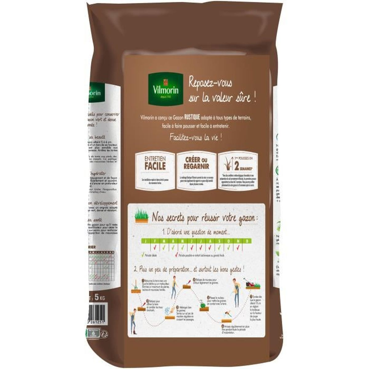 Eine braune Vilmorin Rasensamen-Verpackung mit Anweisungen und Symbolen.