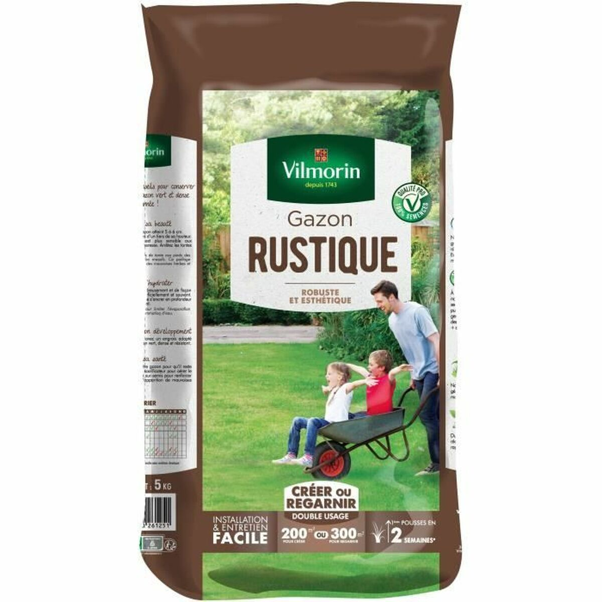 Braune Vilmorin Rasensamen-Verpackung mit Bild von Vater und Kindern im Garten.