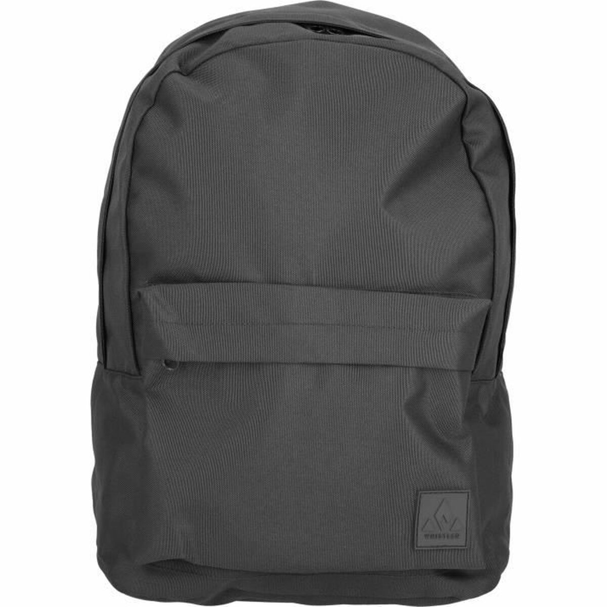 Ein schlichter, grauer Rucksack mit Fronttasche und Logo auf einem hellen Hintergrund.