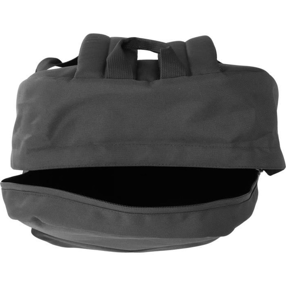 Ein schwarzer Rucksack mit einer halb geöffneten Vordertasche und gepolstertem Griff vor weißem Hintergrund.