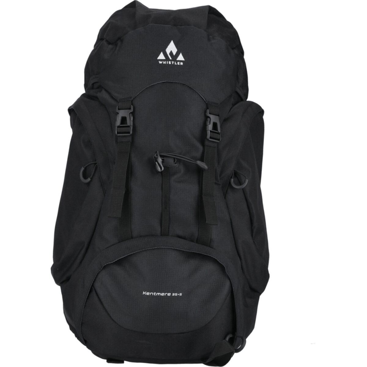 Ein großer schwarzer Whistler Wanderrucksack mit Riemen und Schnallen auf weißem Hintergrund.
