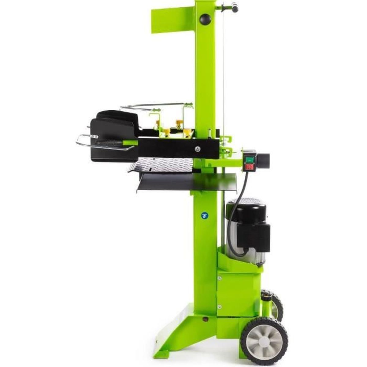 Grüner und schwarzer Holzspalter auf Rädern mit Elektromotor.
