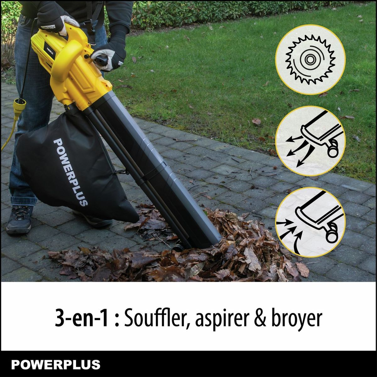 Person nutzt einen gelb-schwarzen Powerplus 3-in-1 Gartenstaubsauger zum Laubblasen, -saugen und -häckseln.