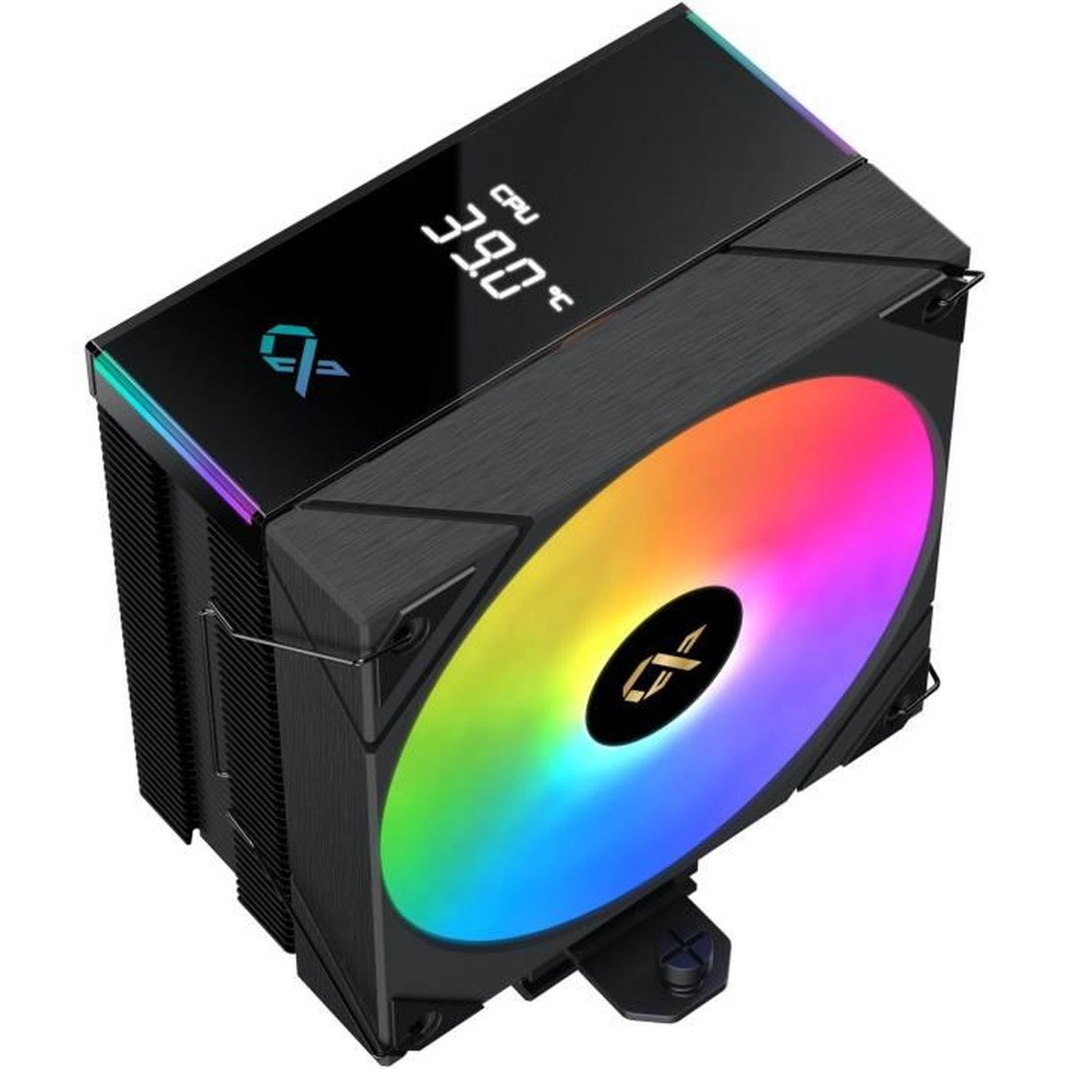 Schwarzer CPU-Kühler mit RGB-Lüfter und Digitaldisplay, das 39,0 Grad Celsius anzeigt.