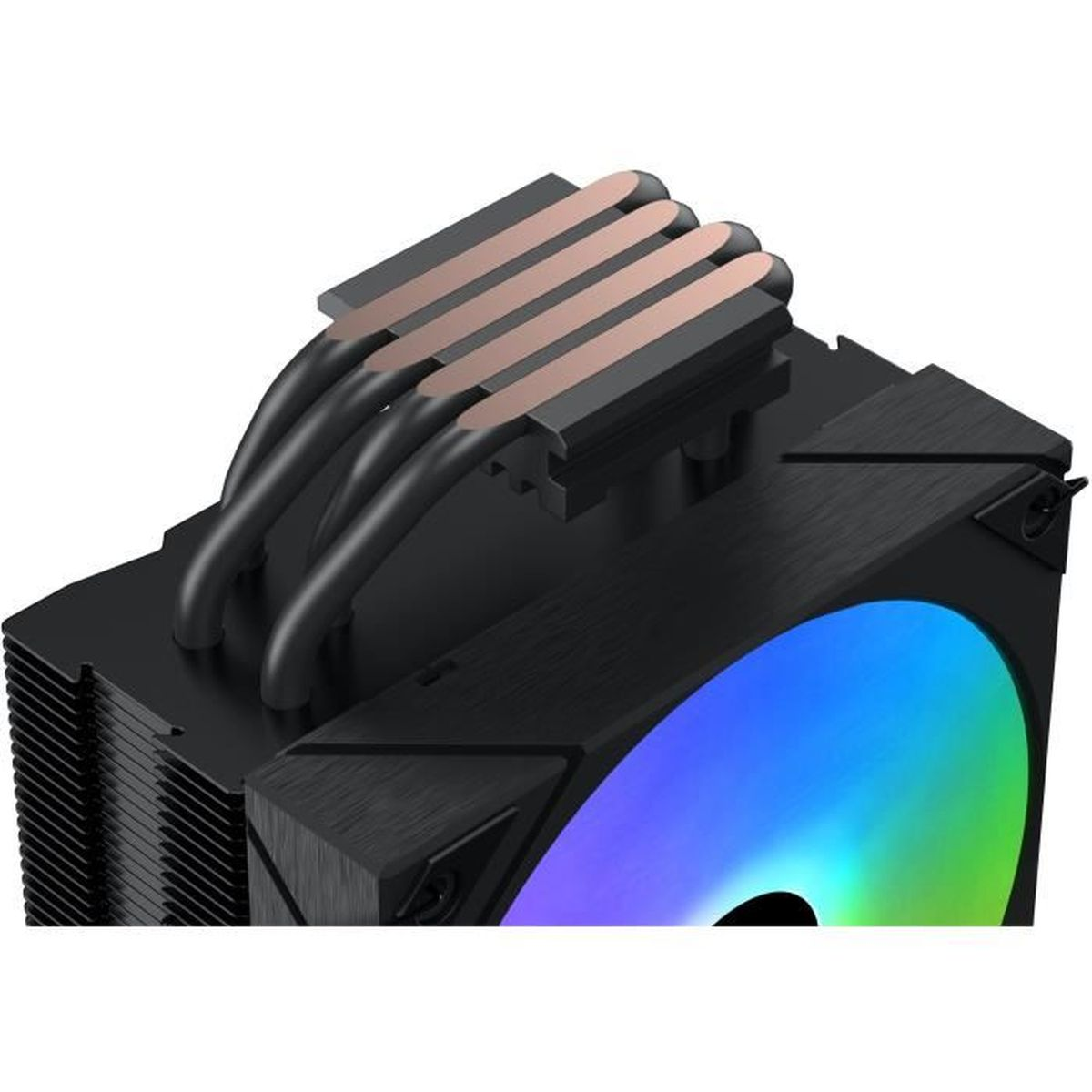 Schwarzer CPU-Kühler mit Kupfer-Heatpipes und einem RGB-Lüfter auf weißem Hintergrund.