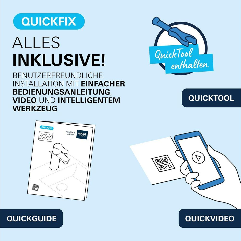 Quickfix-Installationsanleitung mit Werkzeug, Handbuch und Video-QR-Code auf hellblauem Hintergrund.