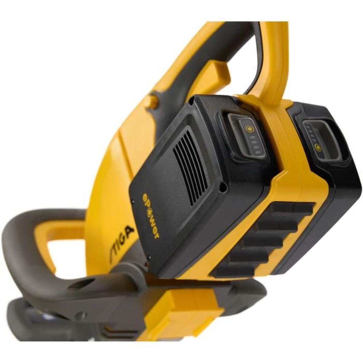 Gelb-schwarze Akku-Gartenschere mit zwei eingesetzten Batterien.
