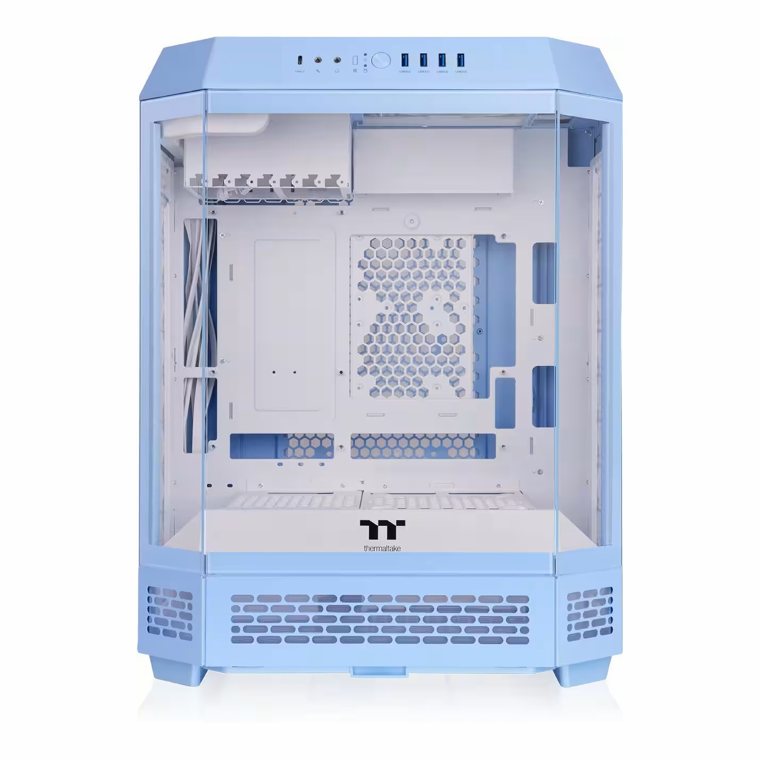 Cam panelli ve alt ızgaralı açık mavi ve beyaz Thermaltake bilgisayar kasası.