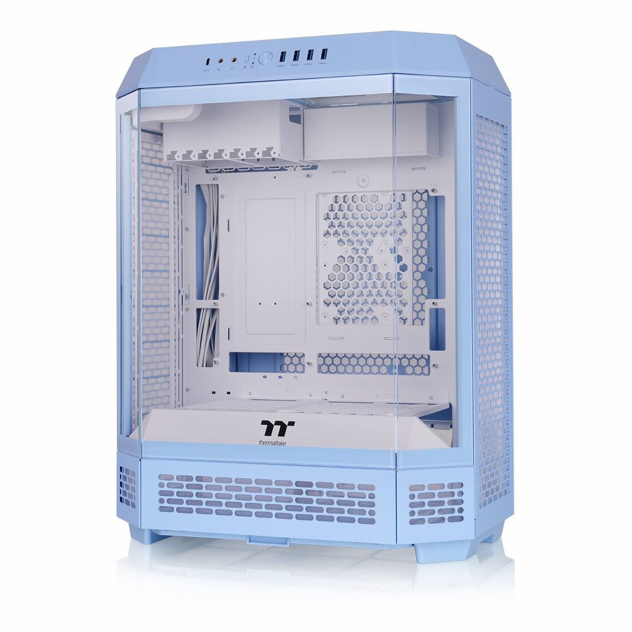 Cam ön panelli ve örgü yan panelli açık mavi ve beyaz Thermaltake bilgisayar kasası.