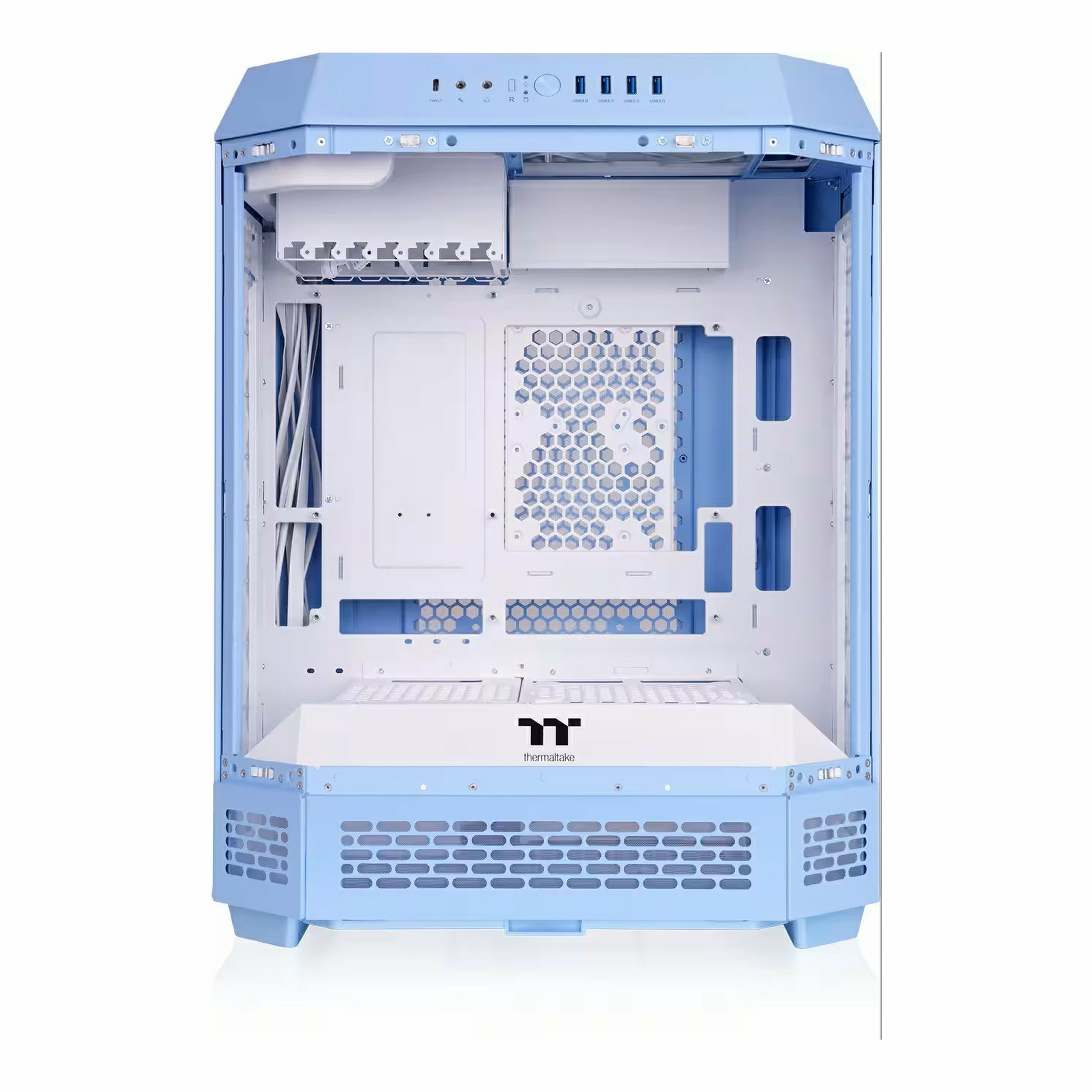 Beyaz iç yapıya ve kablolara sahip açık mavi Thermaltake PC kasası.