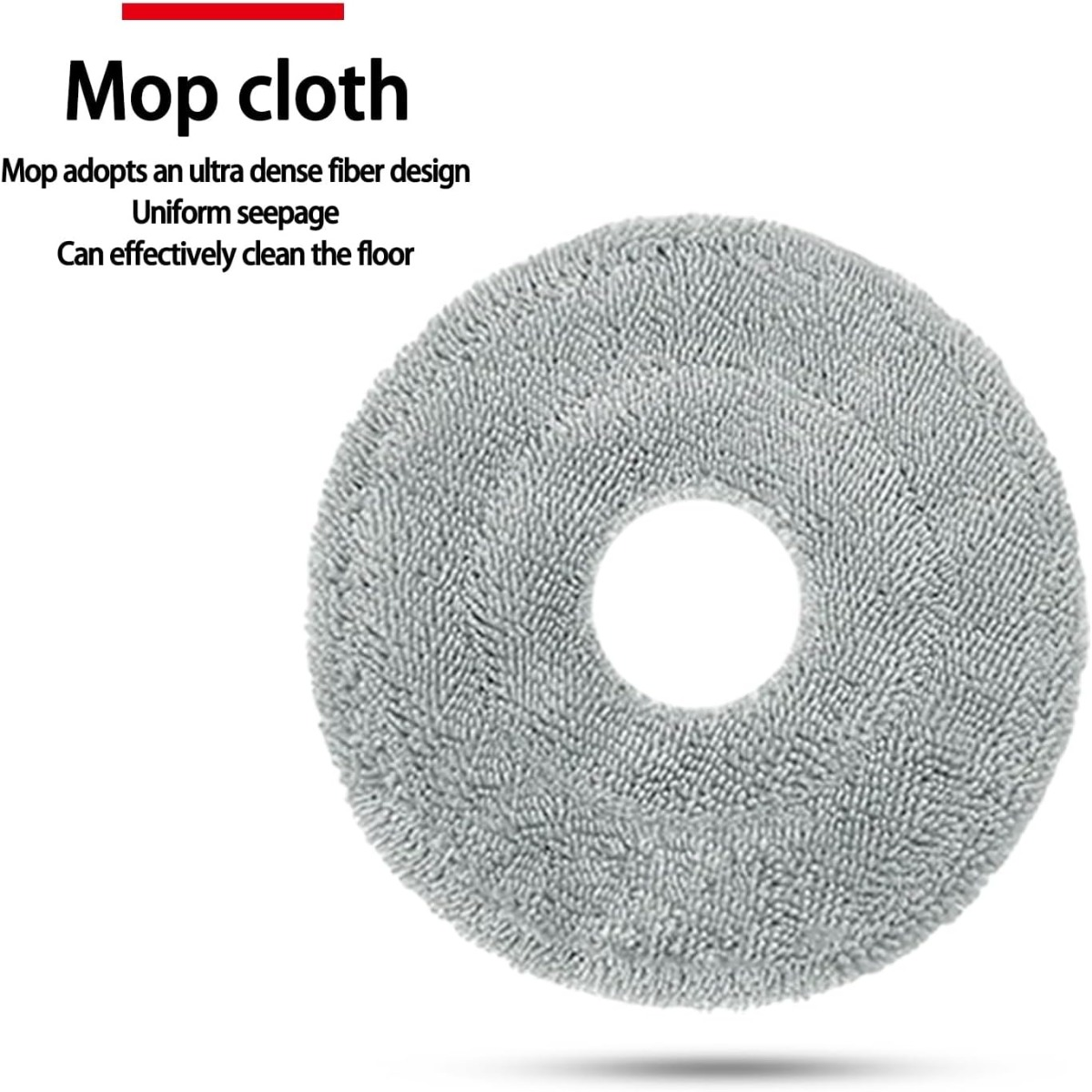 Ein rundes, graues Mikrofaser-Wischmopptuch mit einem Mittelloch vor weißem Hintergrund, beschriftet mit Mop cloth.