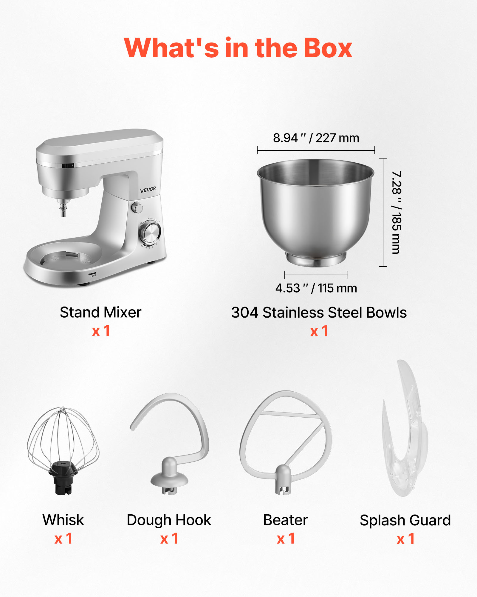 Lieferumfang: Standmixer, Edelstahlschüssel, Schneebesen, Knethaken, Rührer und Spritzschutz.
