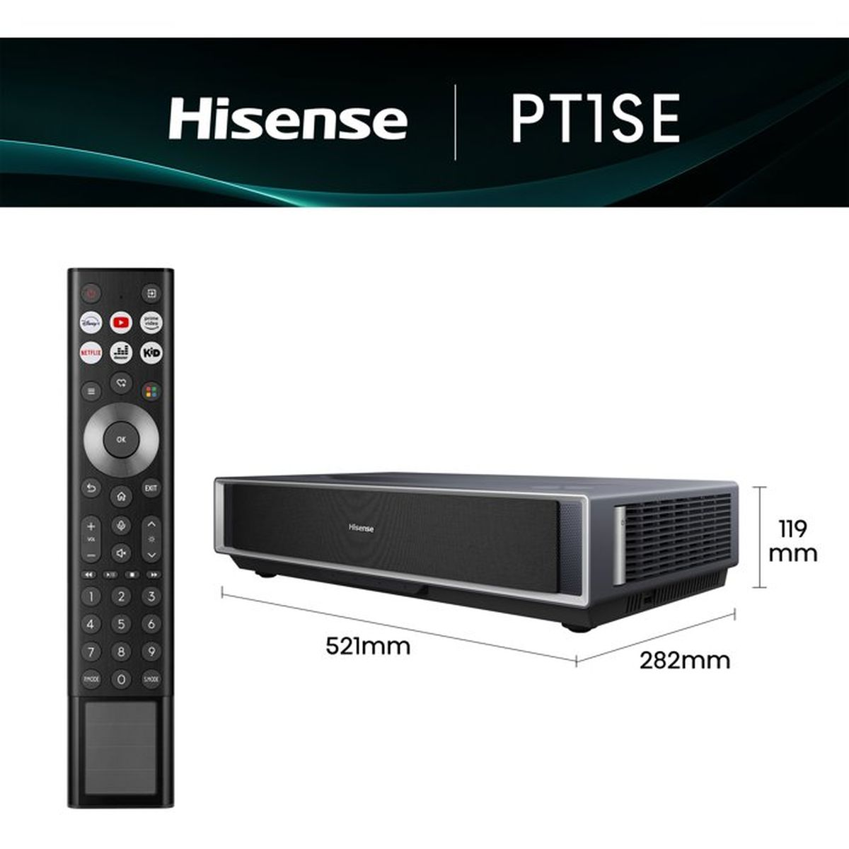 Hisense PT1SE Projektor mit Fernbedienung und Maßen 521x282x119mm.