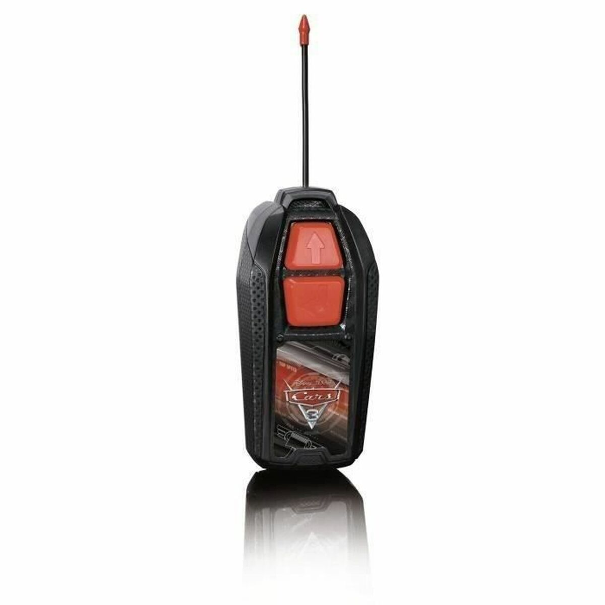 Ein schwarzer RC-Autosender mit zwei roten Tasten und einer langen Antenne.