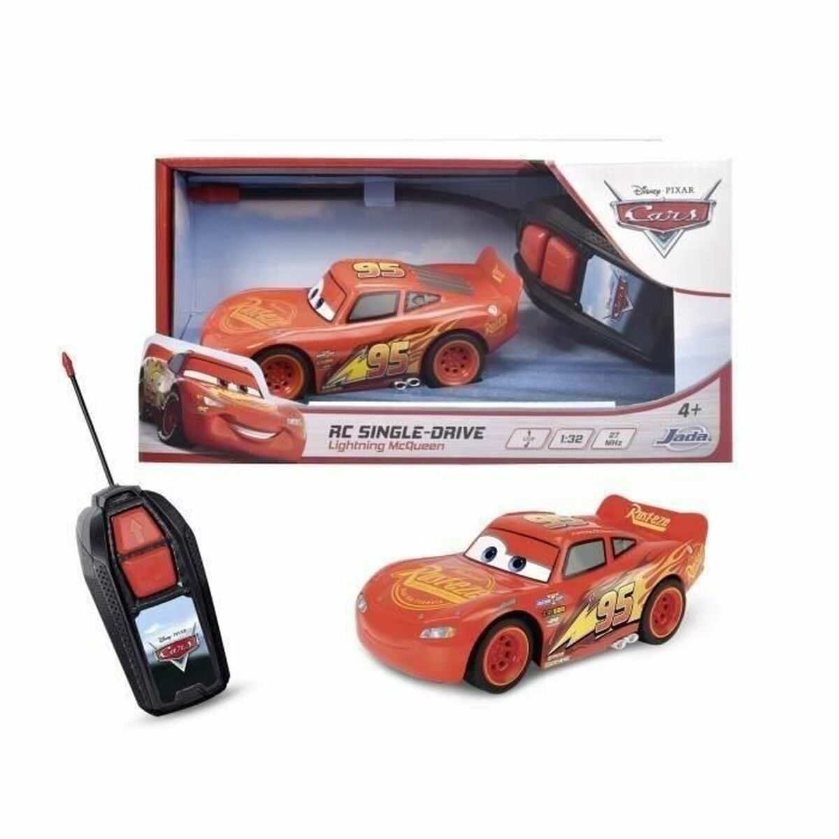 Roter Lightning McQueen RC-Spielzeugauto mit Fernbedienung und Originalverpackung.