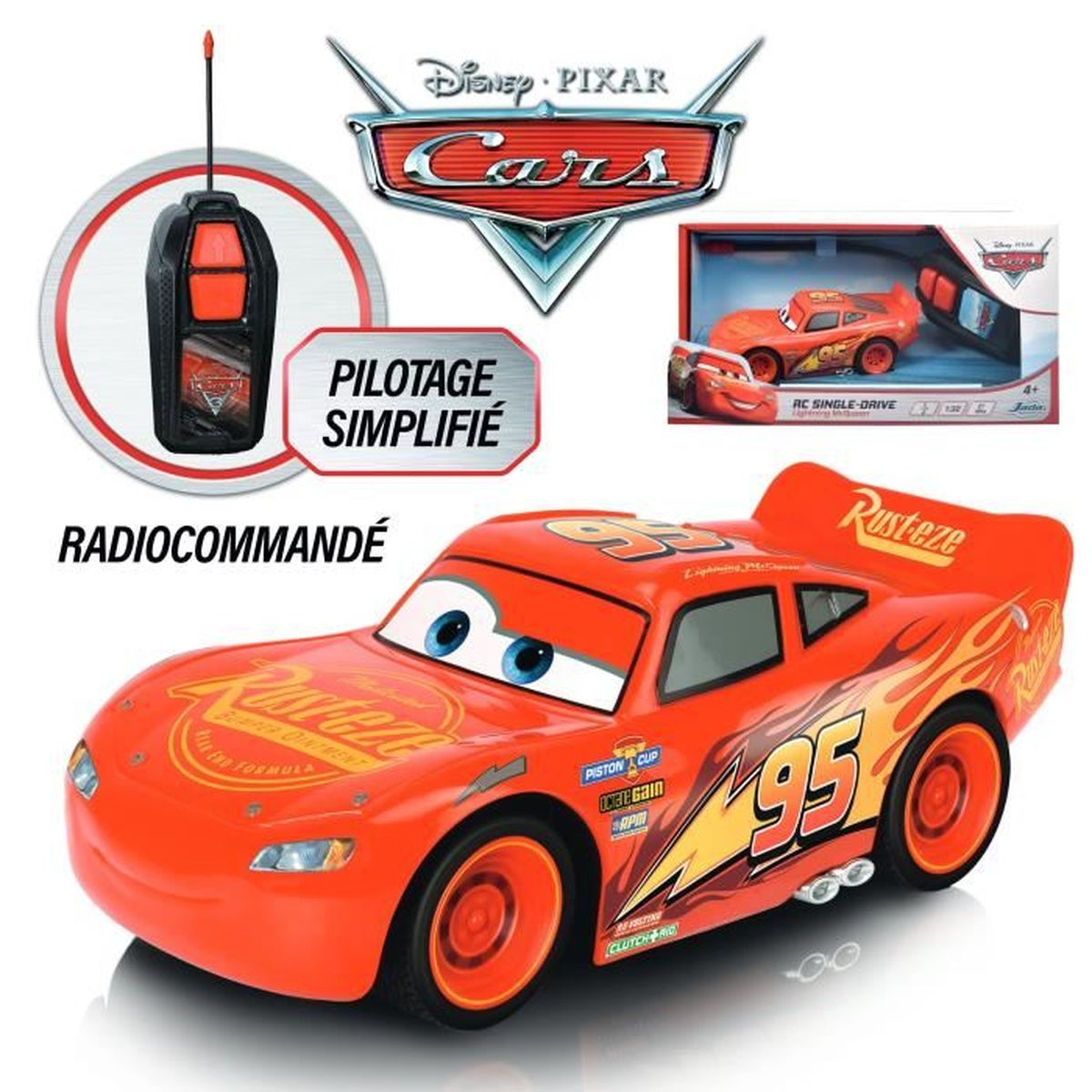 Rotes Disney Pixar Cars Lightning McQueen RC-Auto mit Fernbedienung und Verpackung.
