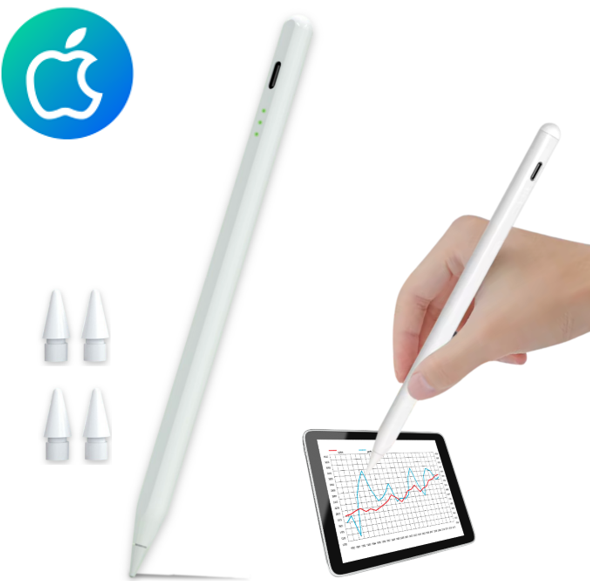 White stylus with replacement tips and hand writing on a tablet displaying a chart.