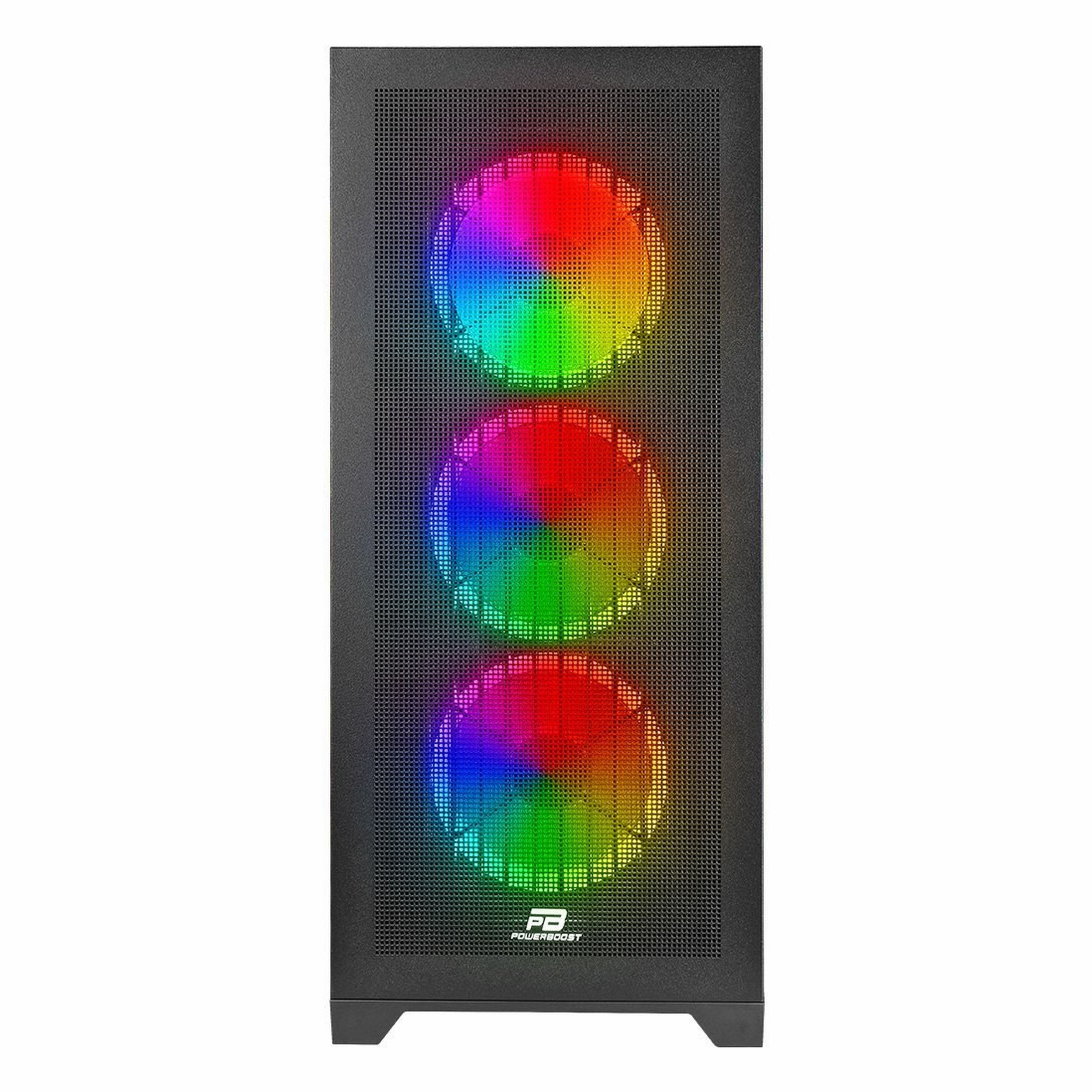 Önü ızgaralı ve üç aydınlatmalı RGB fanlı siyah bilgisayar kasası.
