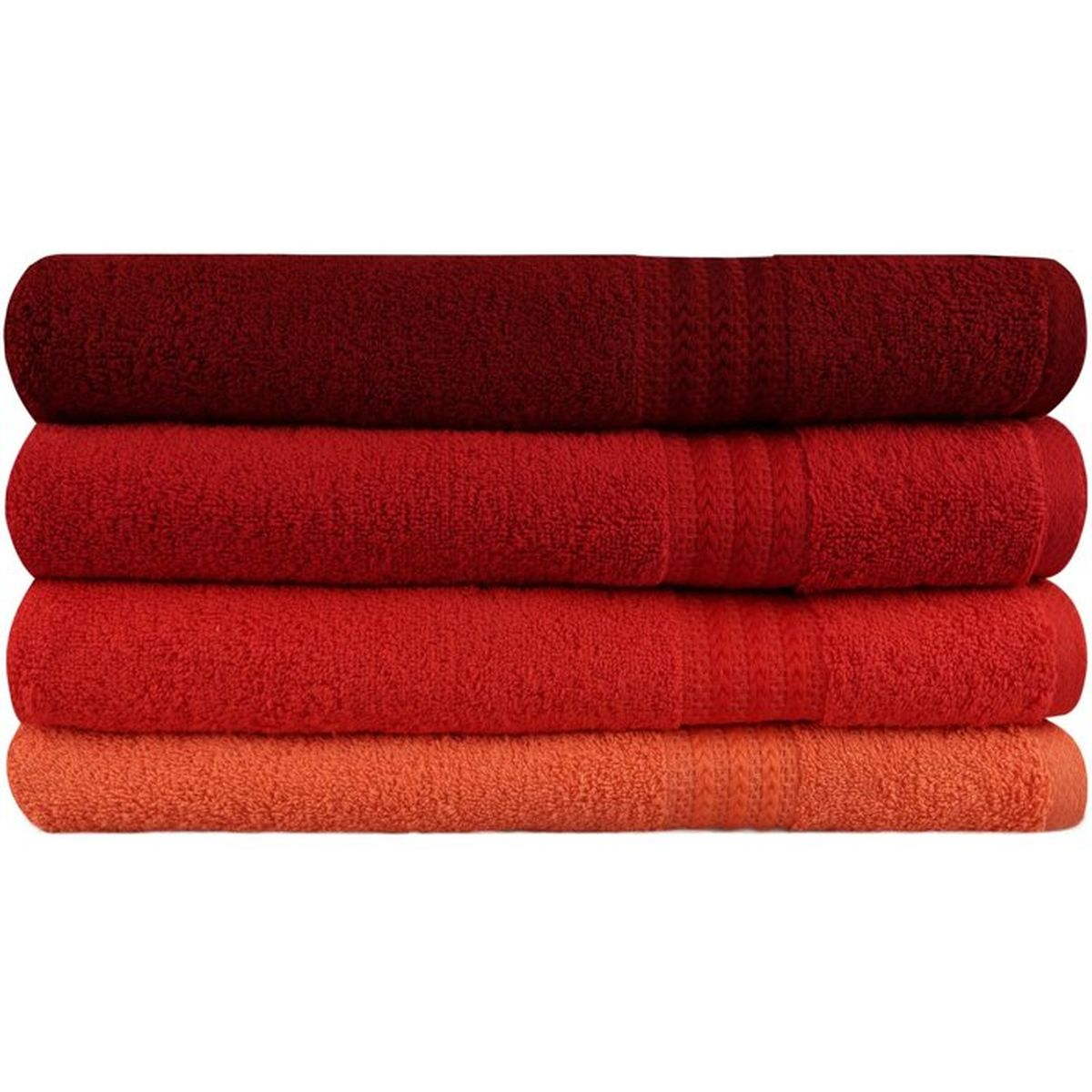 Ein Stack aus vier gerollten Handtüchern in verschiedenen Rot- und Orangetönen gegen einen weißen Hintergrund.