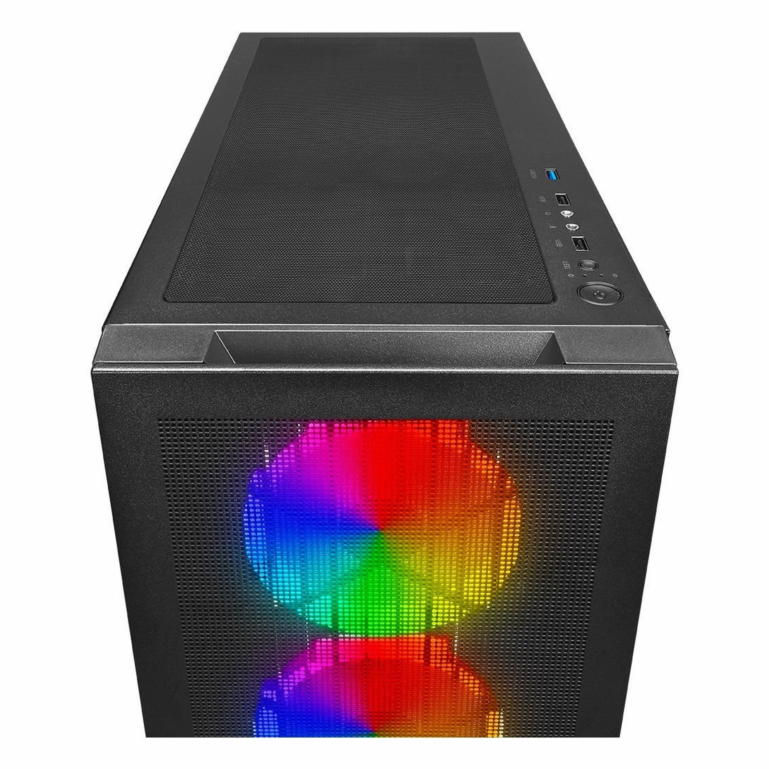 Işıklı RGB fanlı ve ön paneli fileli siyah bilgisayar kasasının üstten görünümü.