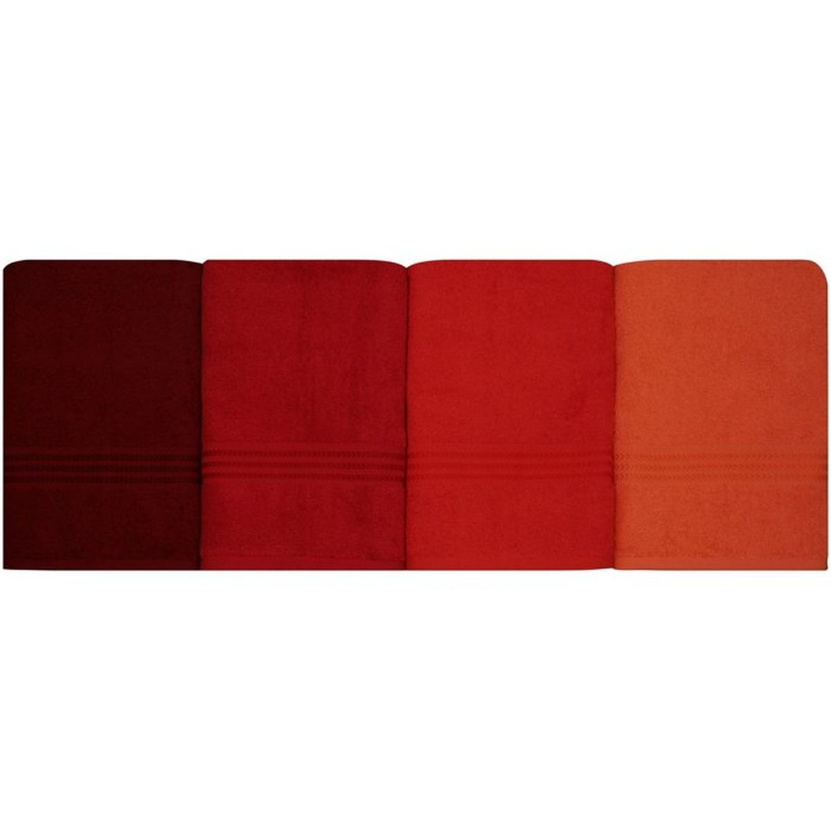 Vier Handtücher nebeneinander in Farbverlauf von dunklem Rot bis Orange.