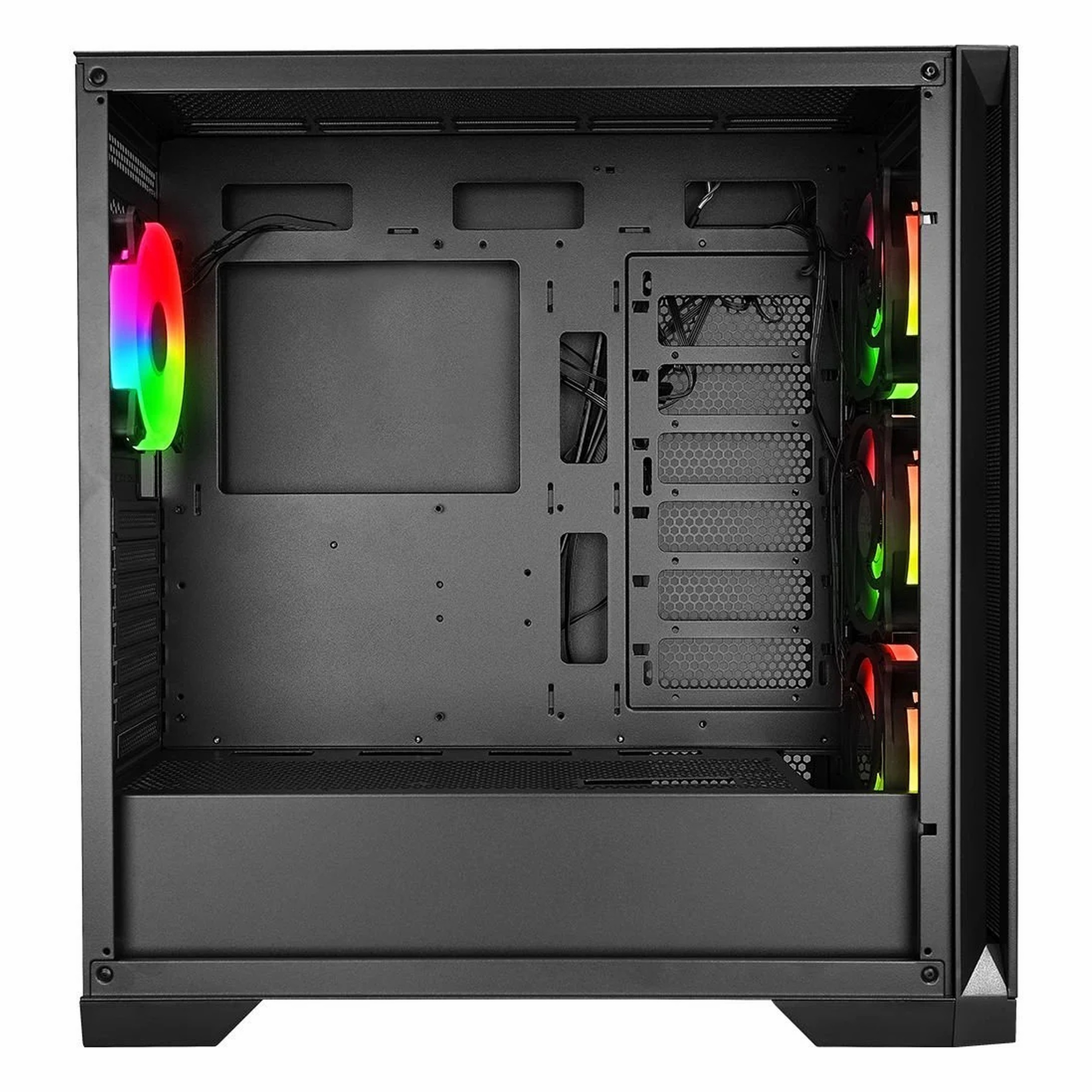 Dört renkli RGB fanlı ve kablolu boş bir siyah bilgisayar kasası içi.