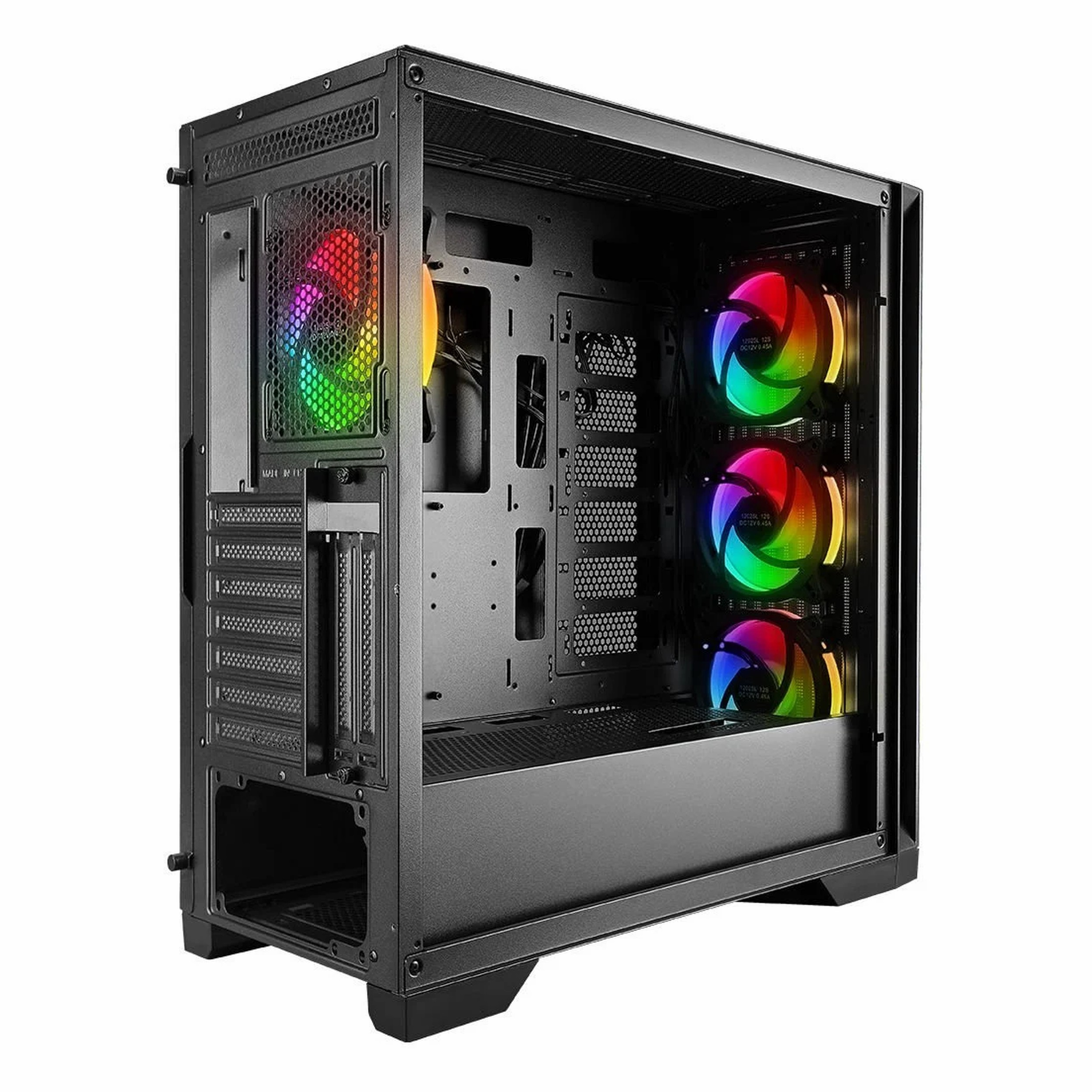 Açık yan panelli ve dört ışıklı RGB fanlı siyah bilgisayar kasası.