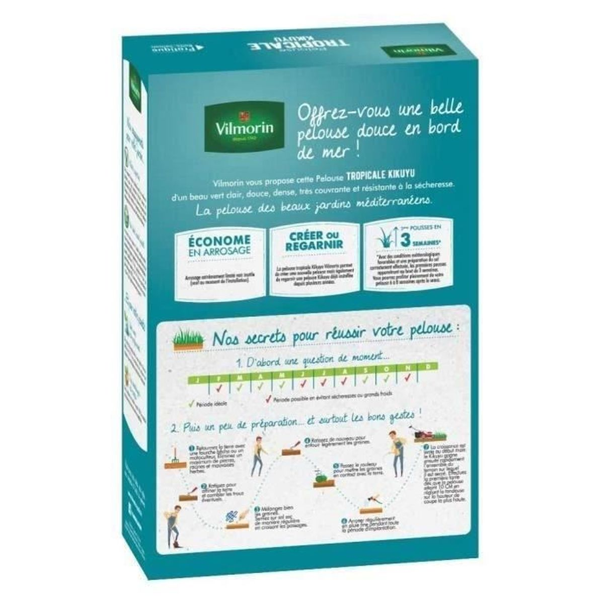 Rückseite einer grünen Vilmorin-Grassamenverpackung mit Text, Anleitungen und Pflanzkalender.