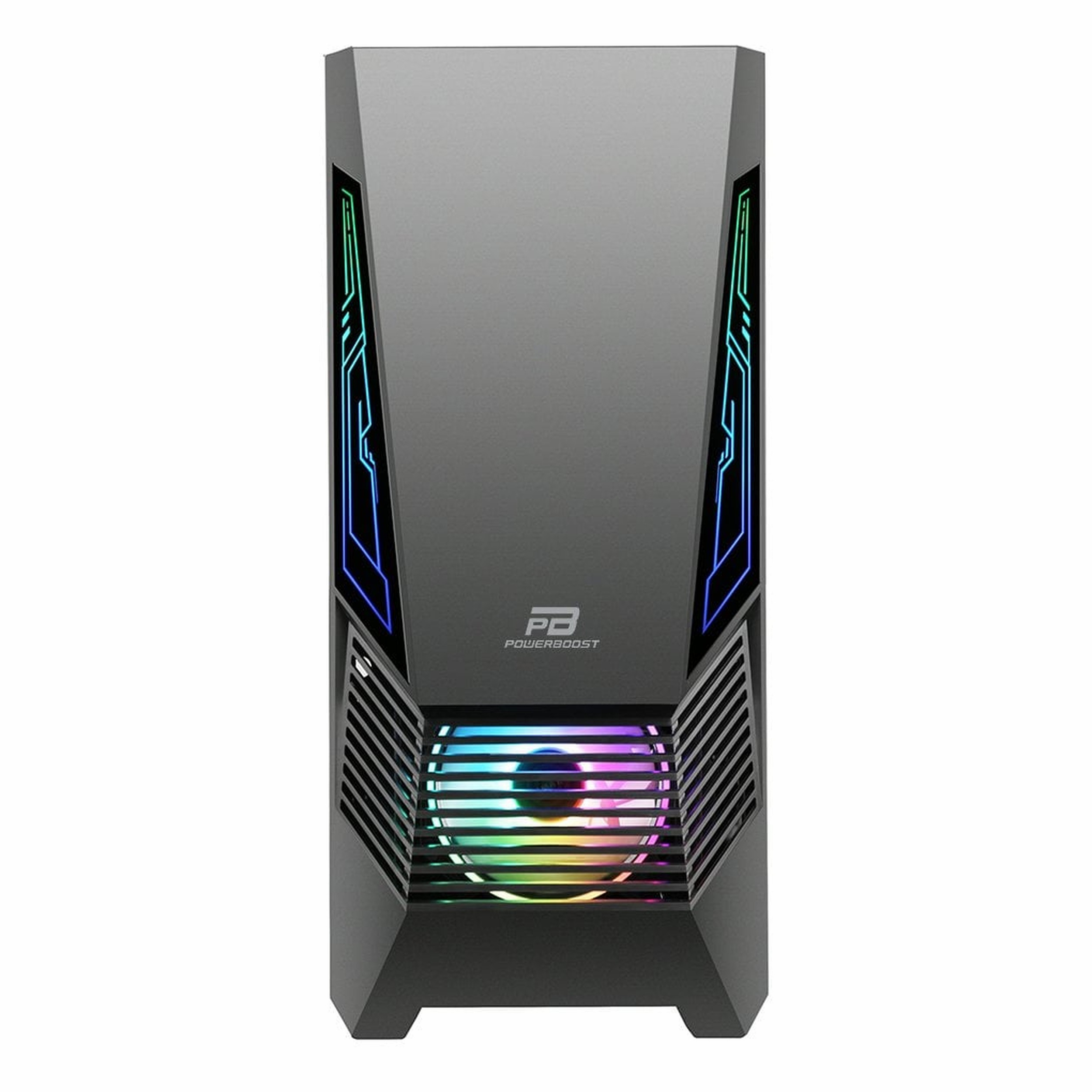 Fanın ve yan panellerin üzerinde RGB aydınlatmaya sahip gri bir oyuncu bilgisayarı kasasının önden görünümü.