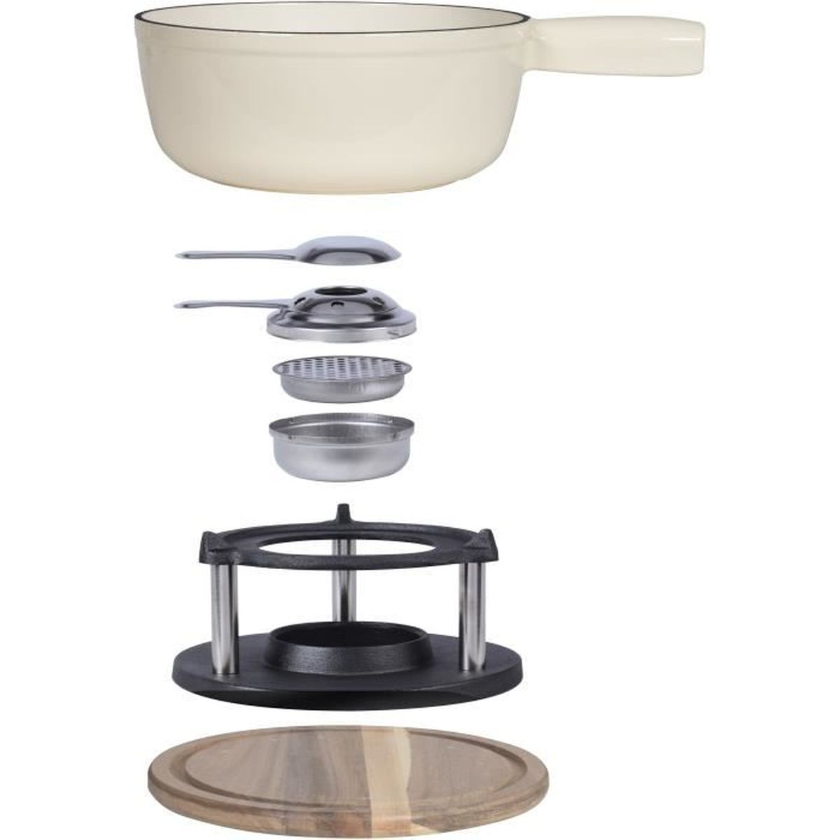 Explosionsansicht eines Fondue-Sets mit Topf, Brenner, Ständer und Holzbrett.
