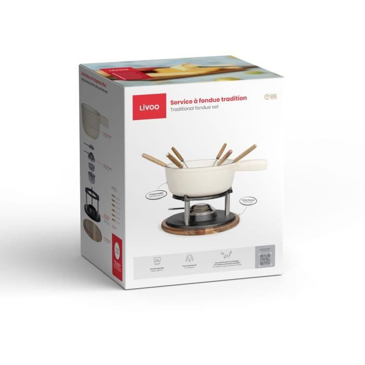 Produktverpackung eines traditionellen Livoo Fondue-Sets mit weißem Topf und Holzgriffen auf einem Ständer.