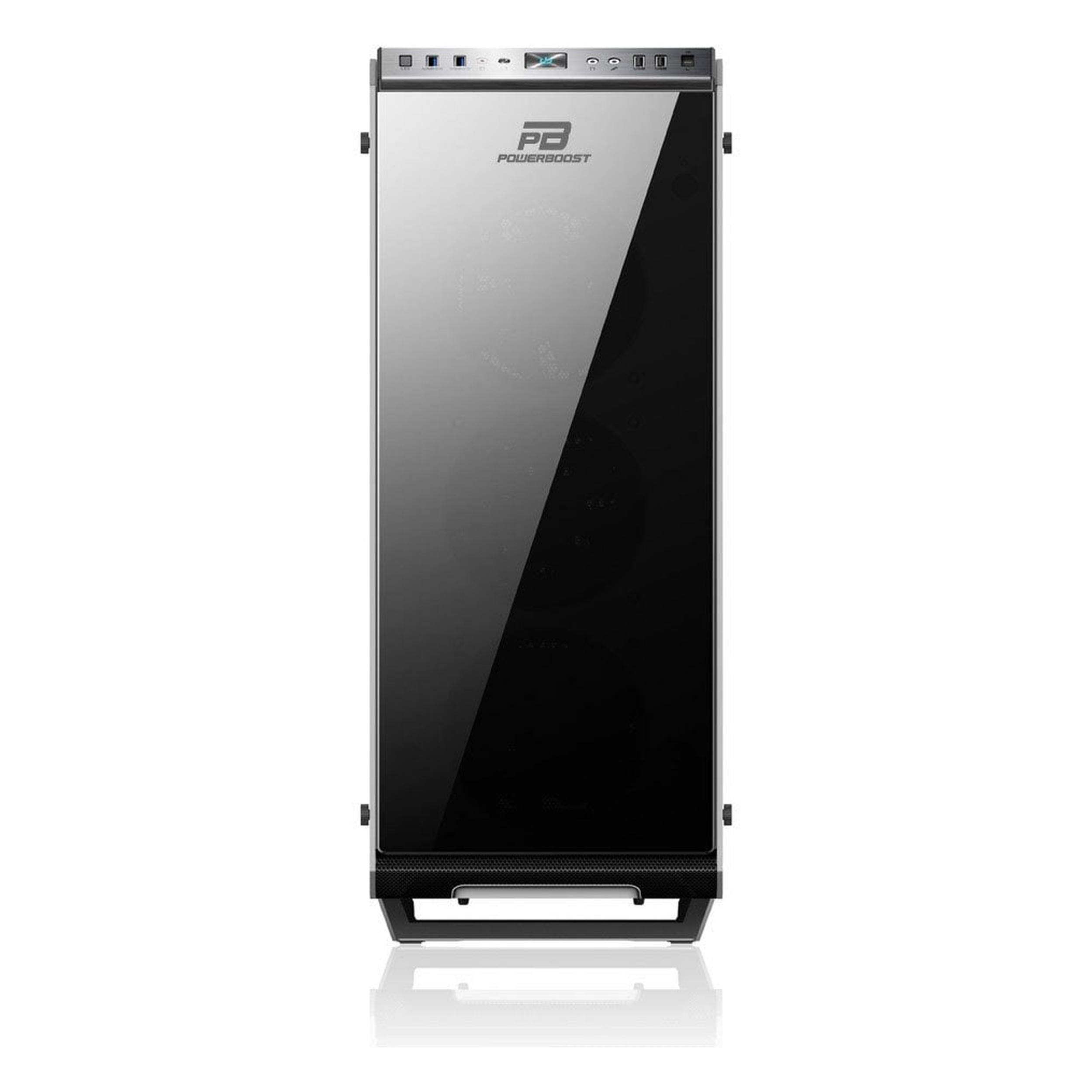 Açık arka planda cam ön yüzlü ve PowerBoost logolu siyah PC kasası.