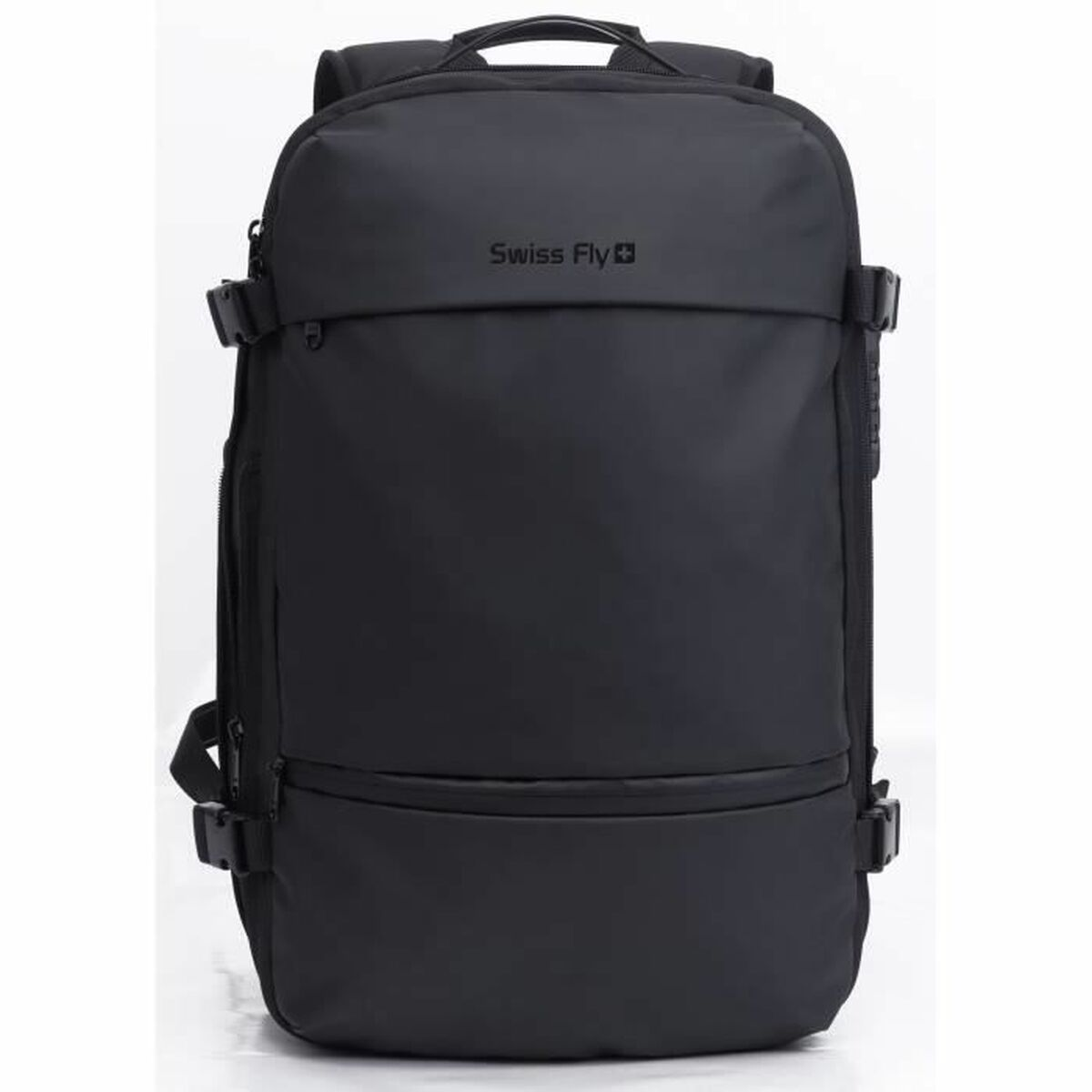 Ein schwarzer Swiss Fly Rucksack mit Reißverschlüssen und seitlichen Kompressionsriemen vor weißem Hintergrund.