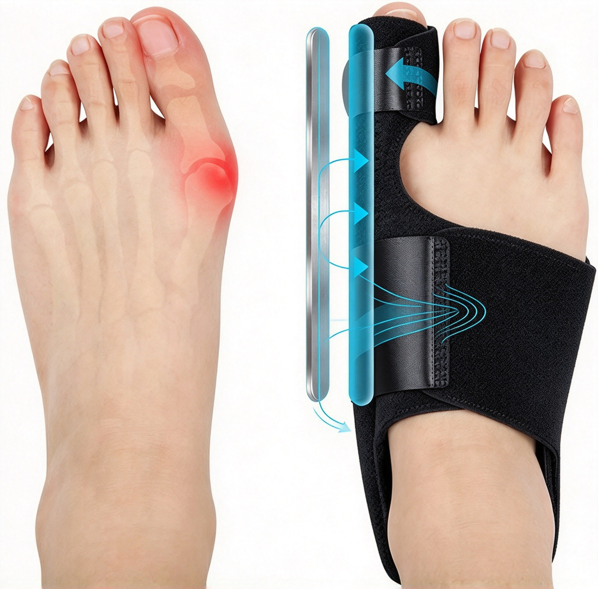 Vergleich eines Fußes mit Ballenzeh links und einem Fuß mit angelegter schwarzer Bunion-Schiene rechts.