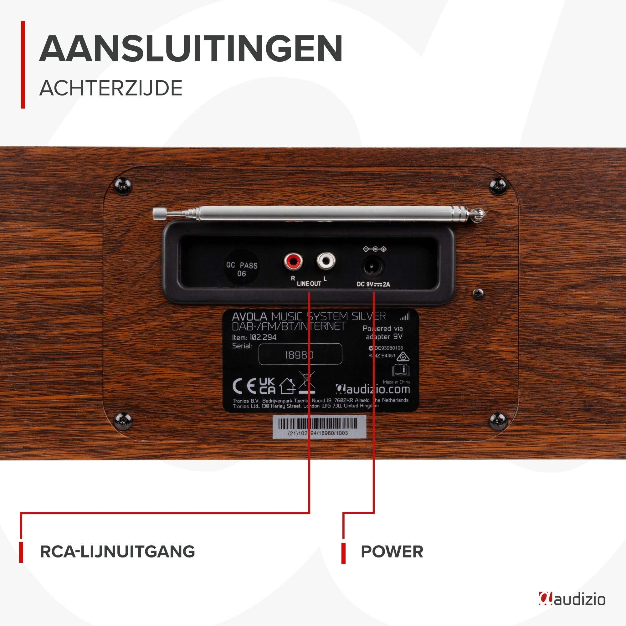 Rückseite eines Audizio-Musiksystems mit Antenne, Anschlüssen und Etikett.