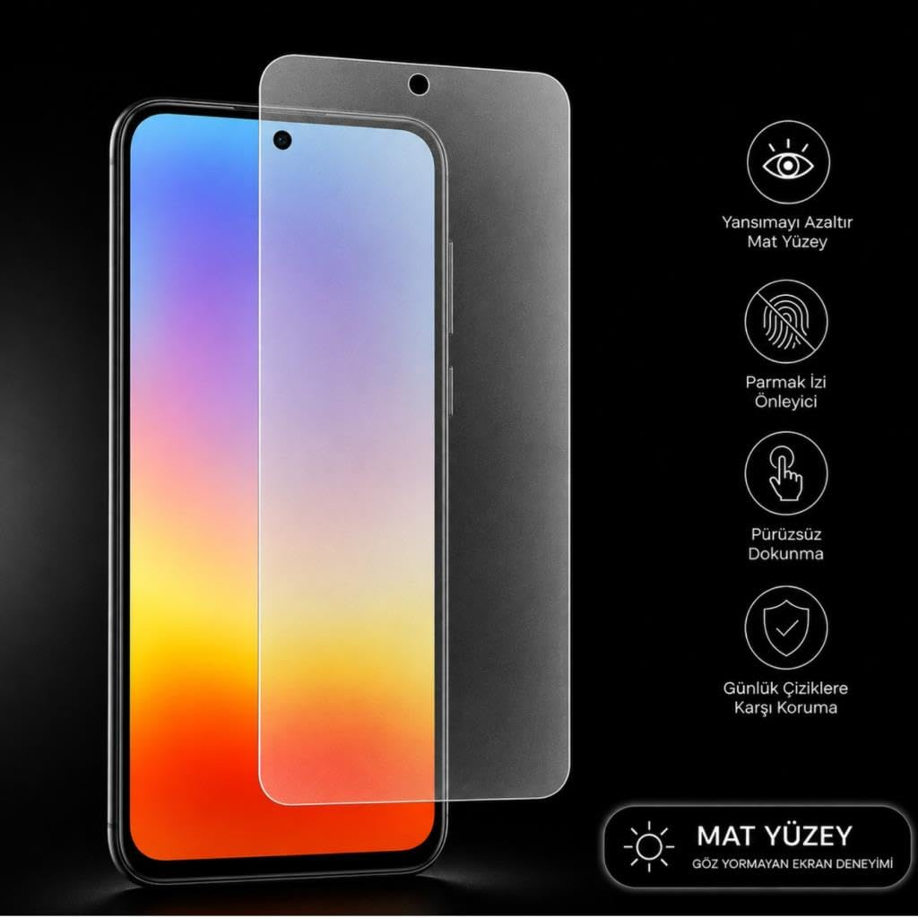 Mat ekrankoruyuculu akıllı telefon, parlama önleyici, parmak izi önleyici ve çizilme direnci simgeleriyle.